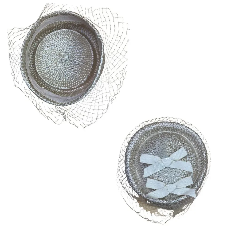 1950s Cream Straw Pillbox Hat | Vintage Veiled Wedding Church Cocktail Hat